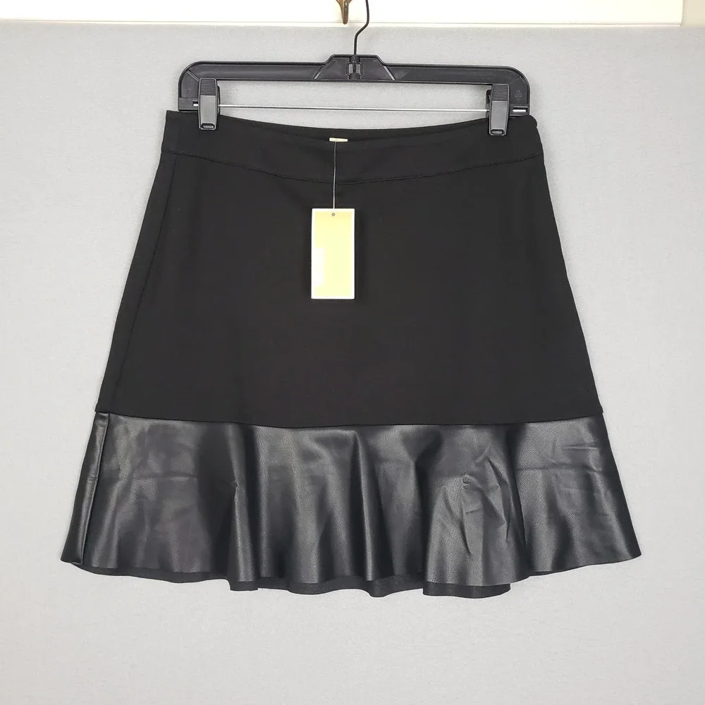 Michael Kors Size M Faux Leather Trim A-Line Mini Skirt Black Cocktail Edgy NWT